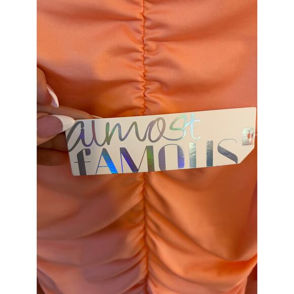 Almost Famous Ruched Bodycon Mini Dress Coral Orange Long Sleeve NWT Size L - Picture 3 of 7